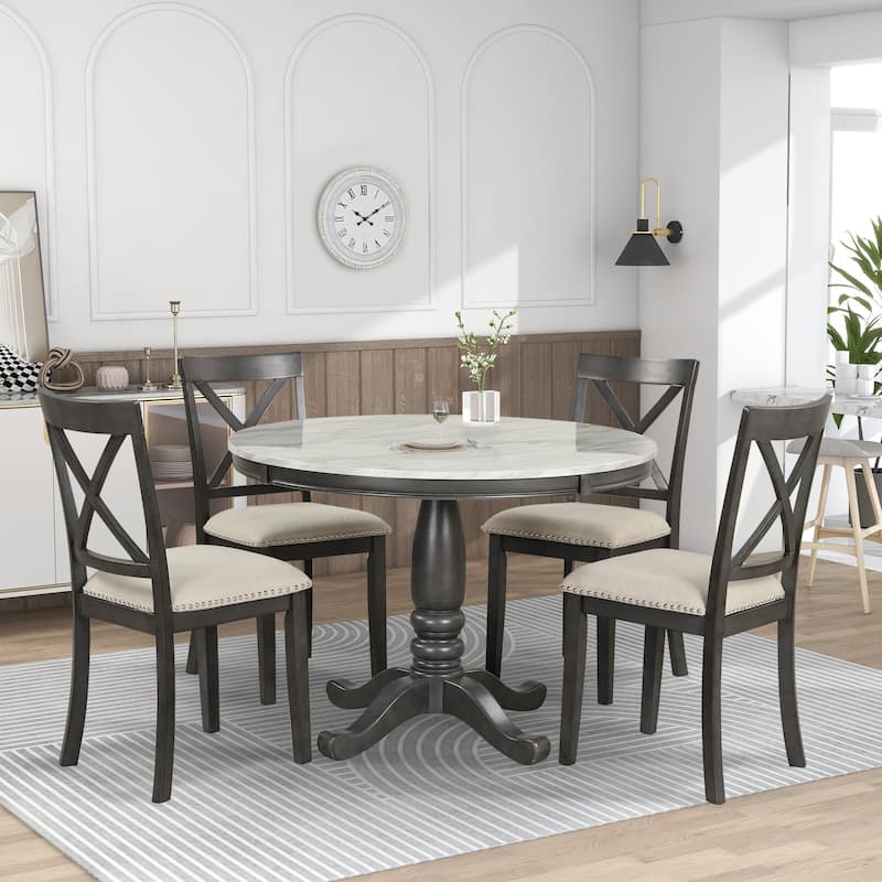 5 Piece Solid Wood Table Chaire Set, Kitchen Breakfast Furniture Set with Round Dining Table and 4 Upholstered Chairs