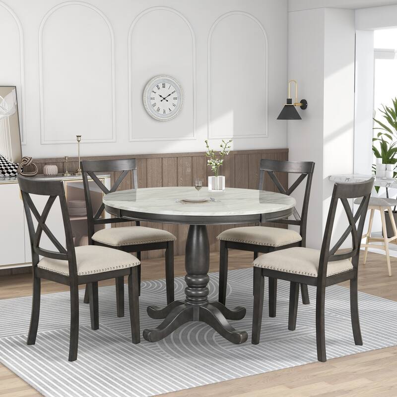 Stylish Round Wooden Dining Table with Four Wooden Chairs, 5-Piece Kitchen Table and Chair Set for Apartment - Gray