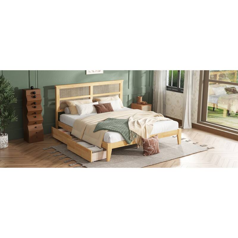 Roomfitters King Wood Bed with Rattan Headboard, Two Underbed Storage Compartments, Reinforced Slats & Support Feet