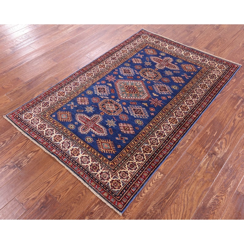 Golden Nile Blue Super Kazak Hand Knotted Wool Rug - 4' 0" X 5' 10"