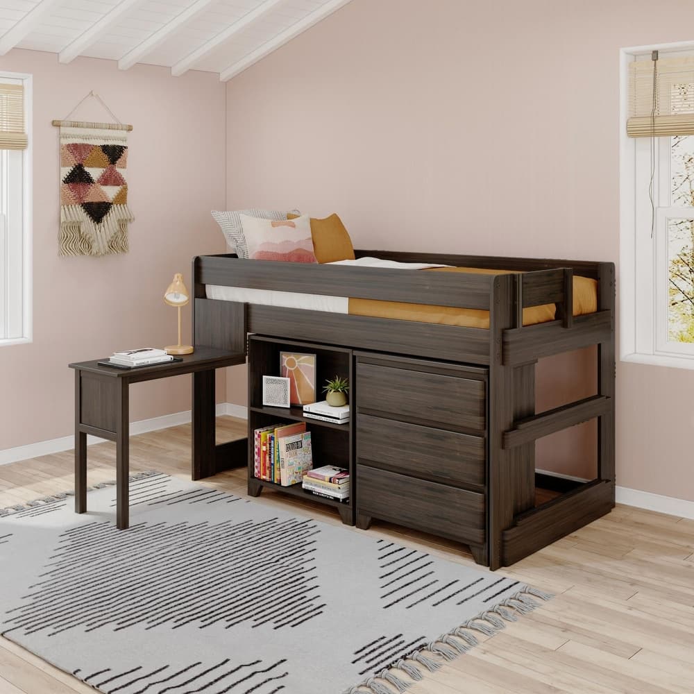 Max and Lily Farmhouse Twin Low Loft with Dresser, Bookcase and Desk