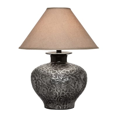 Neji 26 Inch Table Lamp, Curved Pot Design Base, Floral Pattern, Silver