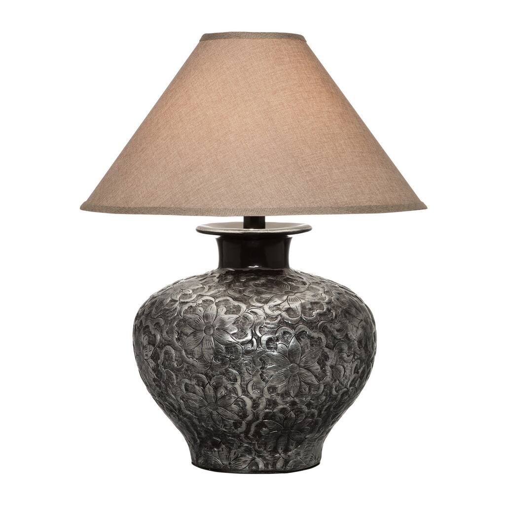 Neji 26 Inch Table Lamp, Curved Pot Design Base, Floral Pattern, Silver
