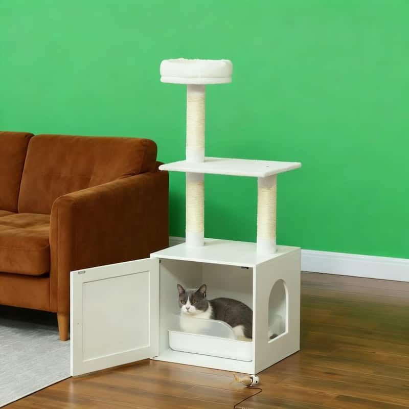 White Cat Tree with Litter Box Enclosure