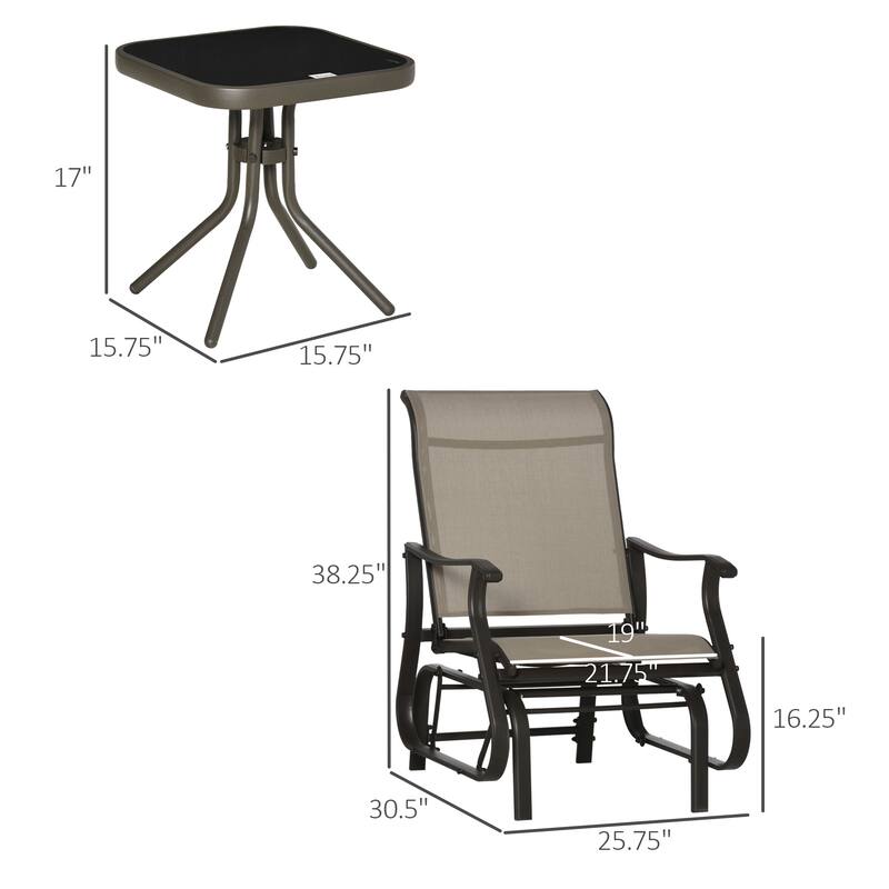 Outsunny 3-Piece Outdoor Gliders Set Bistro Set with Steel Frame,Tempered Glass Top Table for Patio, Garden, Backyard, Lawn