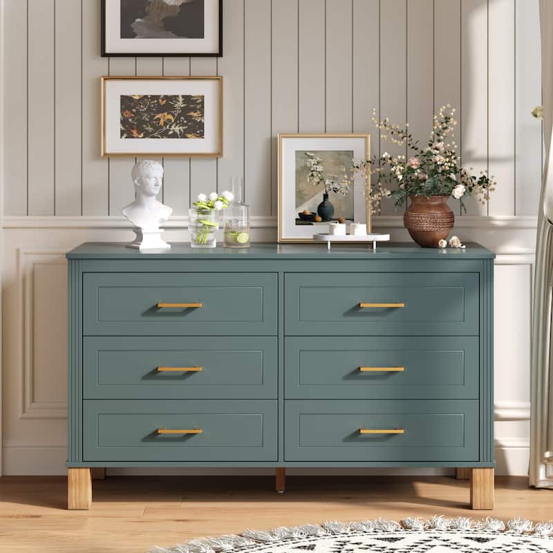Modern Storage 6 Drawers Cabinet with Metal Handles and Solid Wood Legs
