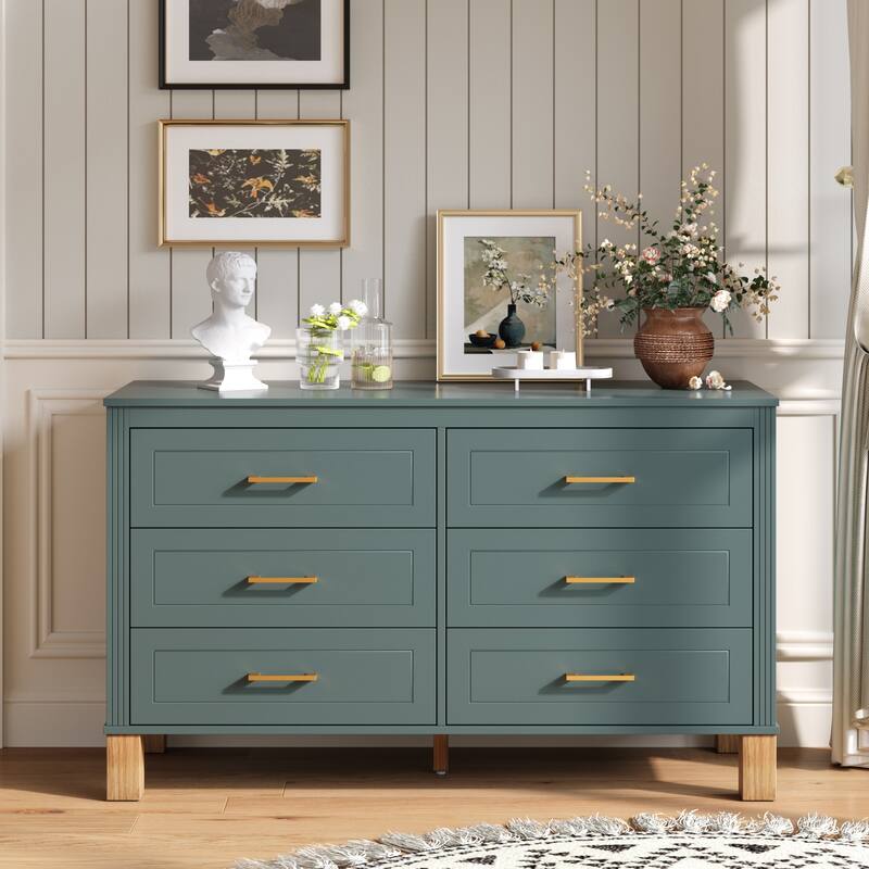 Rossetta 6-Drawer Mid-Century Modern Ribbed Lines Double Dresser Cabinet with Solid Wood Legs and Metal Handles