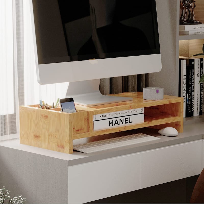 Wood Computer Monitor Stand Desktop Organizer with Drawer