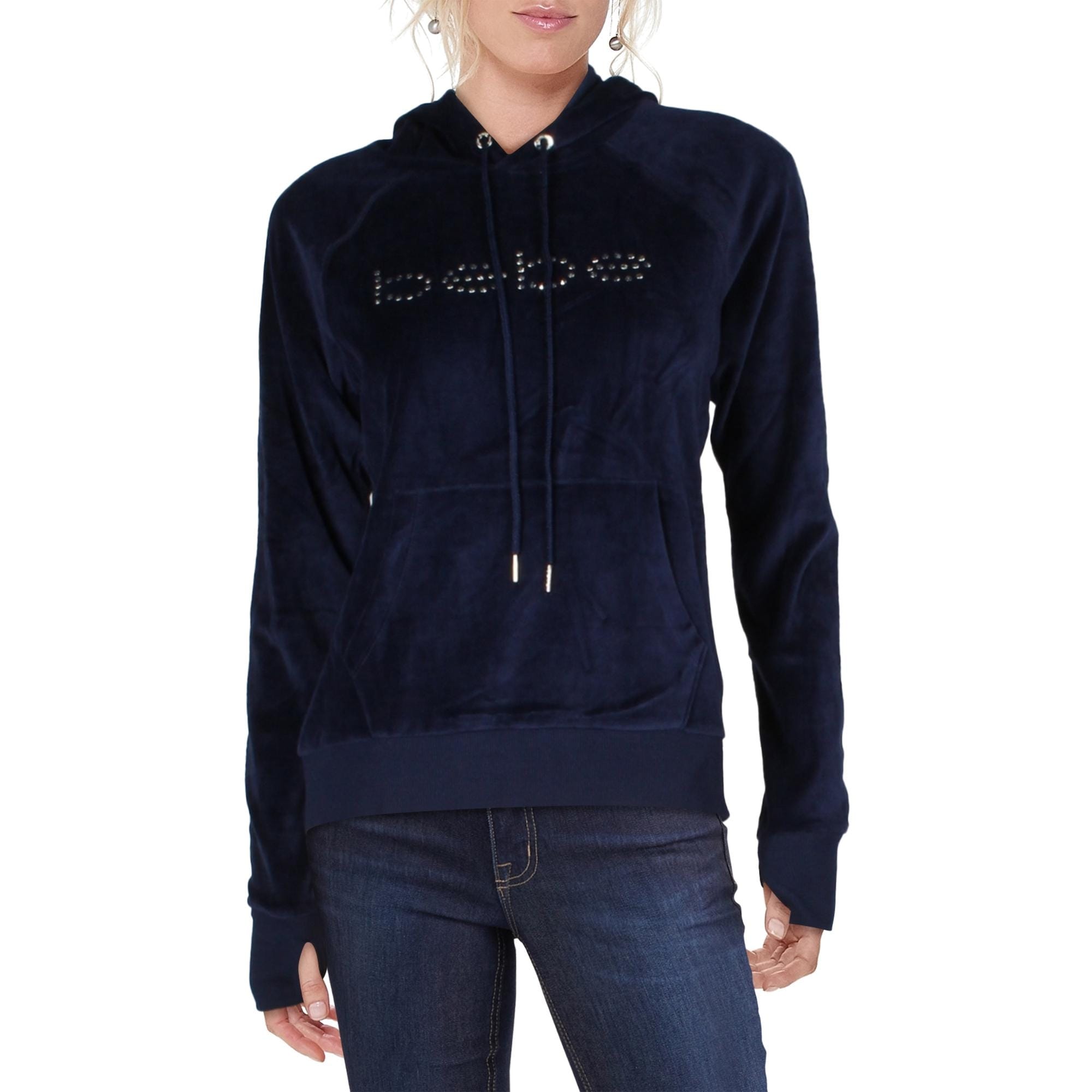Bebe Sport Womens Hoodie Velour Studded True Navy Overstock