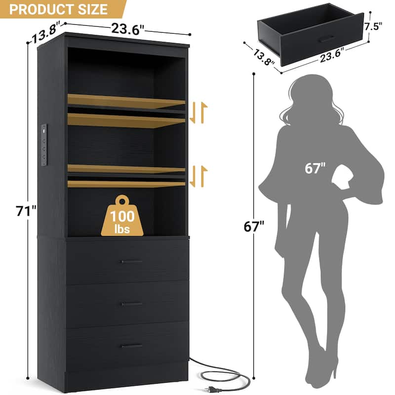 Tall Buffet Sideboard with Charging Station, Storage Pantry Organizer with Drawers and Shelves