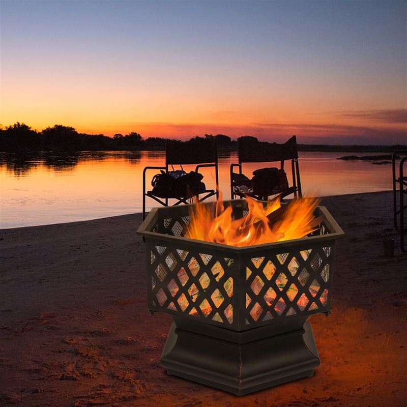 22" Hexagonal Shaped Iron Brazier Wood Burning Fire Pit