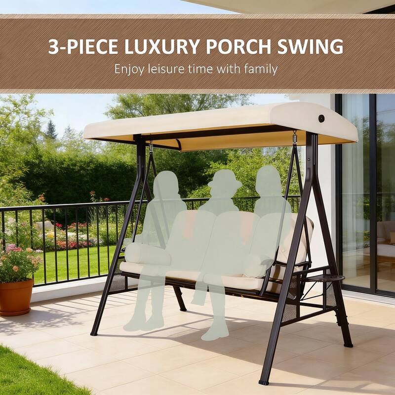 GDFStudio - 3-Seat Patio Swing Chair with Tiltable Canopy and Side Trays