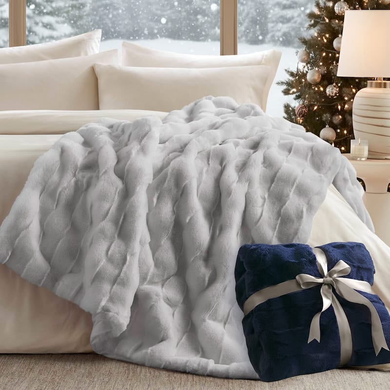 Madison Park Camille Faux Fur Throw - Light Grey