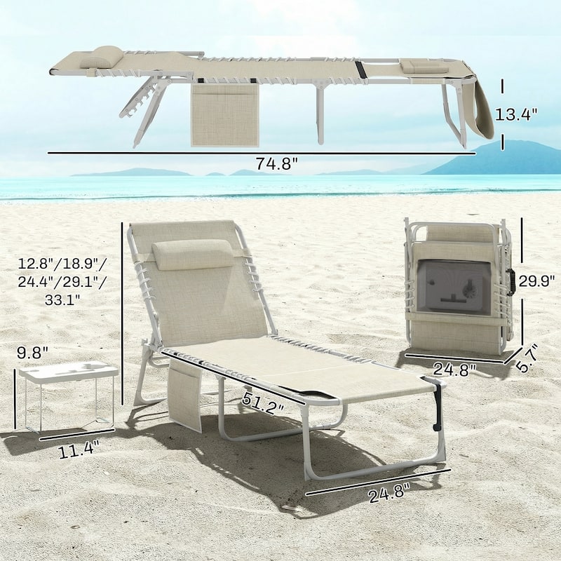 Outsunny Tanning Chair with Face Hole, Side Table, 5-Position Reclining Folding Chaise Lounge Chair