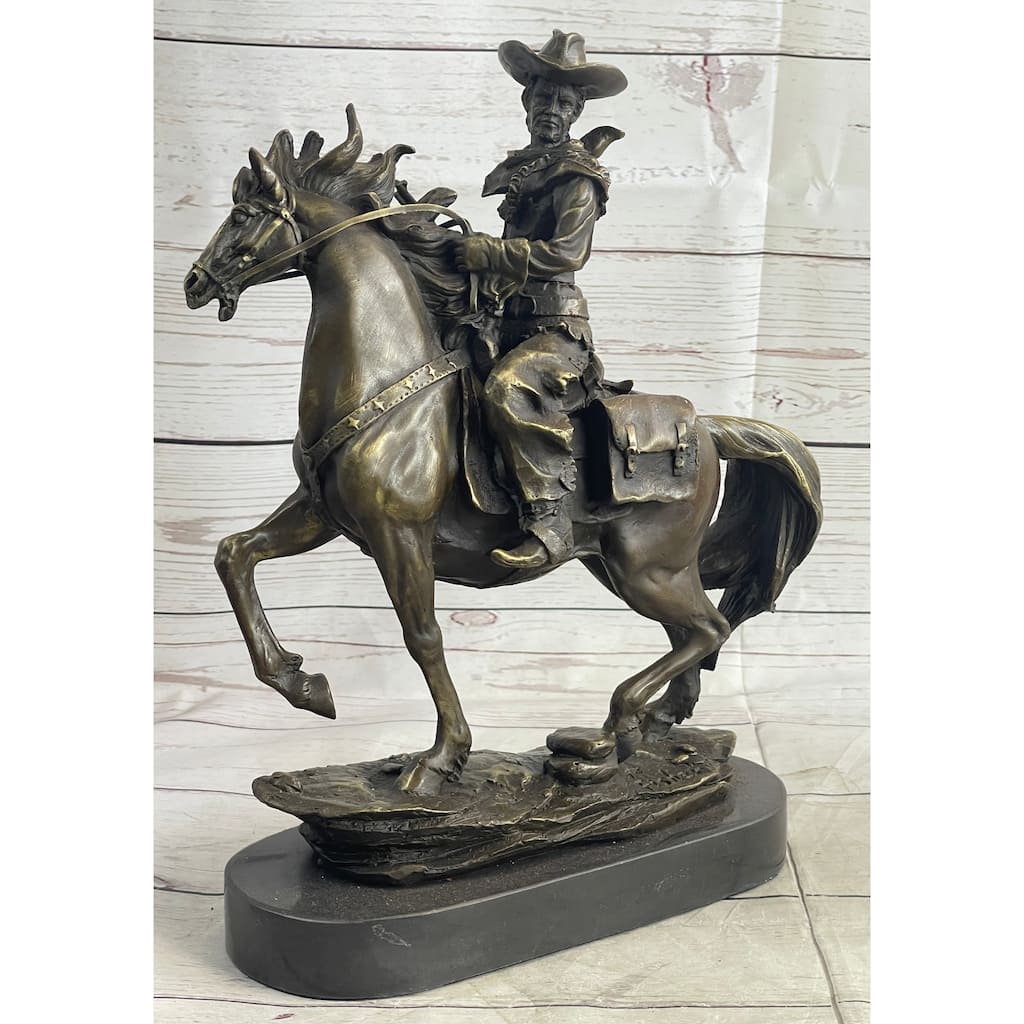 Miniature Bronze Cowboy On Imitative Horseback Statue Sculpture Figure Marble Base 14 Inches X 7 Inches