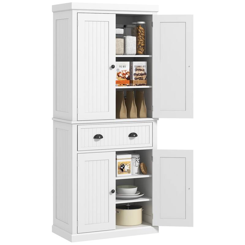 72" Kitchen Pantry Storage Cabinet, Traditional Freestanding Cabinet with 4 Doors and 3 Adjustable Shelves, Large Central Drawer - White