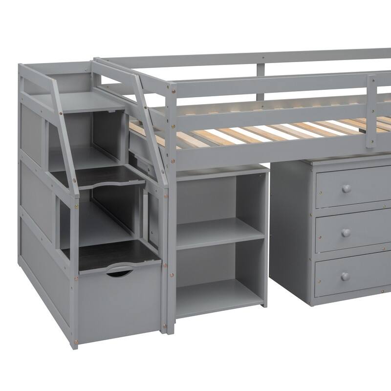 Twin/Full Size Loft Bed with Retractable Writing Desk and 3 Drawers, Wooden Loft Bed Frame w/ Storage Stairs & Shelves for Kids