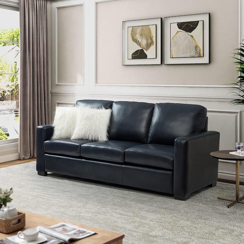 Ernando 83.46" Wide Genuine Leather Sofa with Squared Arms and Pillows - NAVY