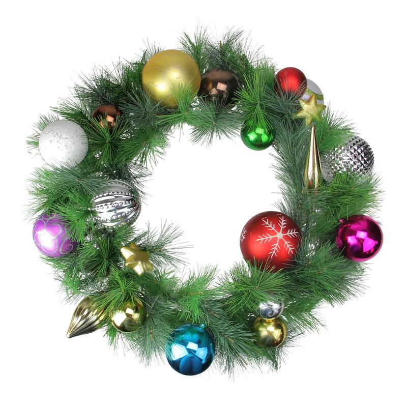 Multi Colored Ornaments Artificial Pine Christmas Wreath 24 Inch Unlit