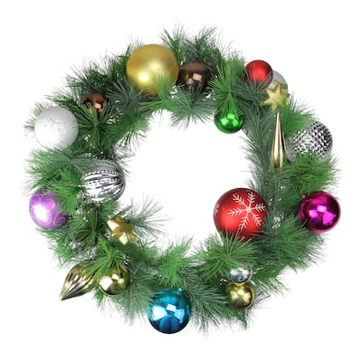 Multi Colored Ornaments Artificial Pine Christmas Wreath 24 Inch Unlit