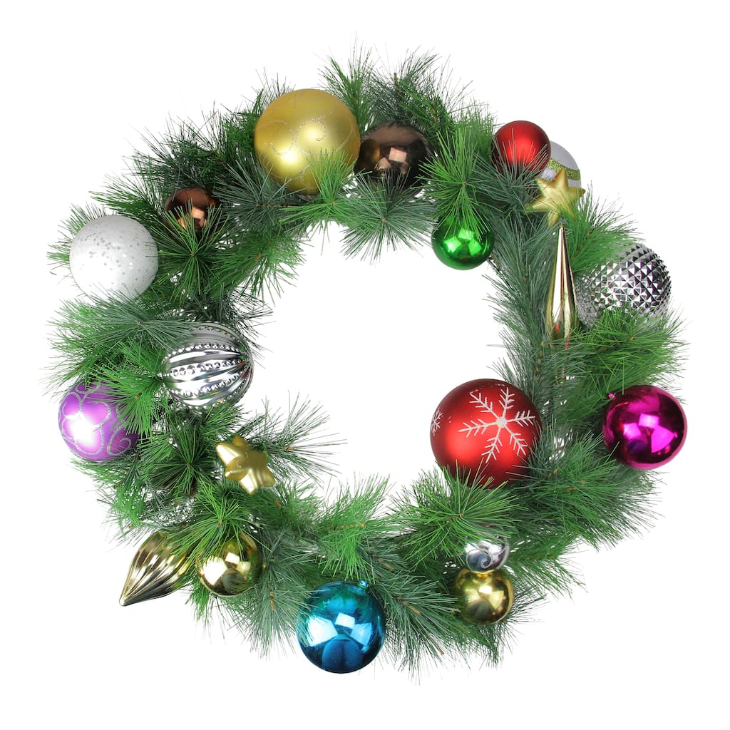Multi Colored Ornaments Artificial Pine Christmas Wreath 24 Inch Unlit