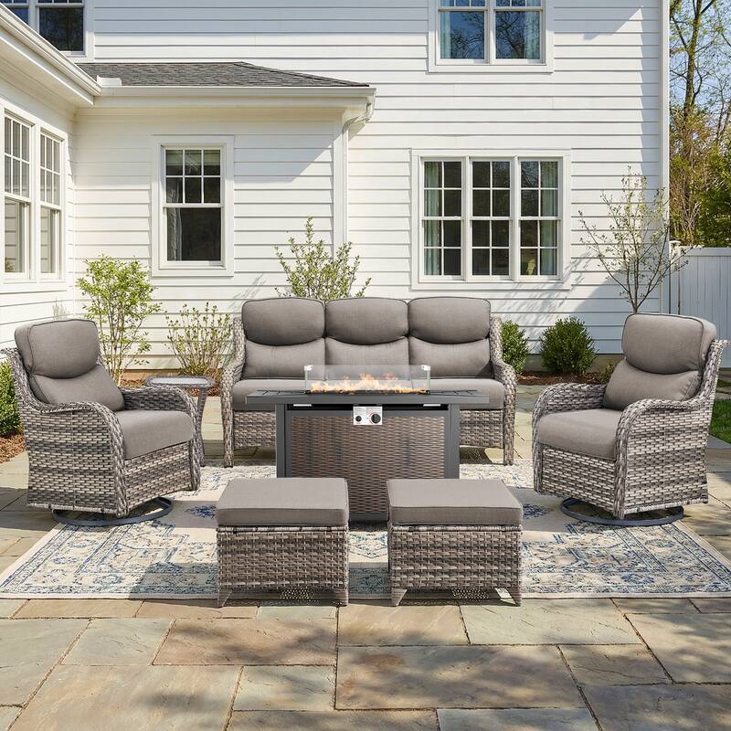 Pocassy Patio Sofa Swivel Chair Set with 43" Fire Pit Table - Gray Wicker Gray Cushion - 7-Piece Sofa Swivel Chair Ottoman w/ Fie Table