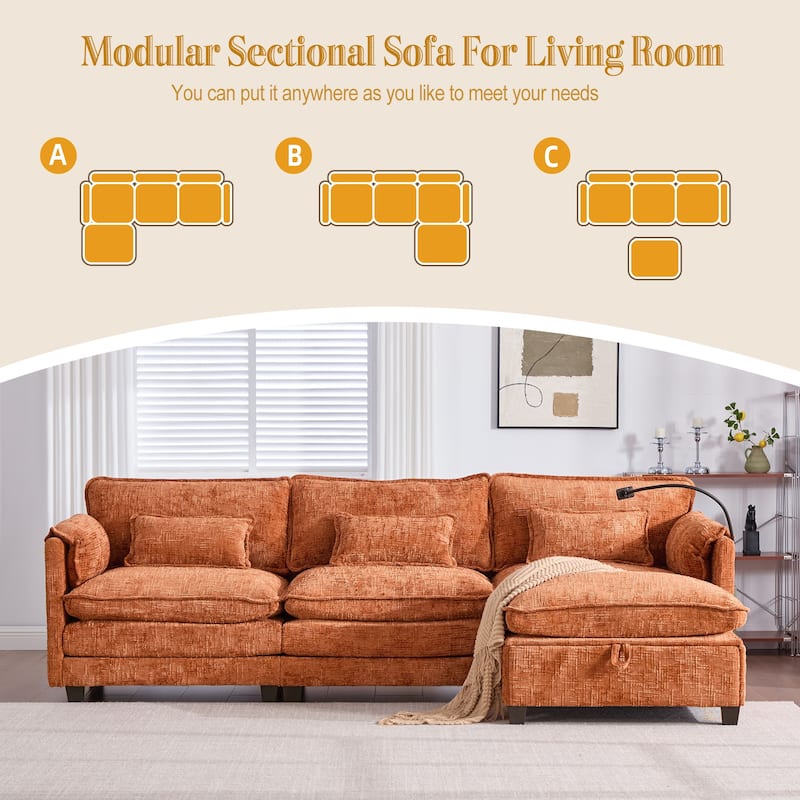 HOMEFUN Chenille Upholstered L-shaped Phone Holder Modular Sectional Sleeper Sofa with Movable Storage Ottoman