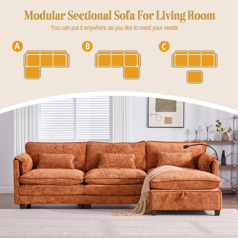 Modern Chenille Chaise Couch L-shaped Sectional Sofa with Storage Ottoman, Phone Holder, USB/Type-C Ports and Side Pockets