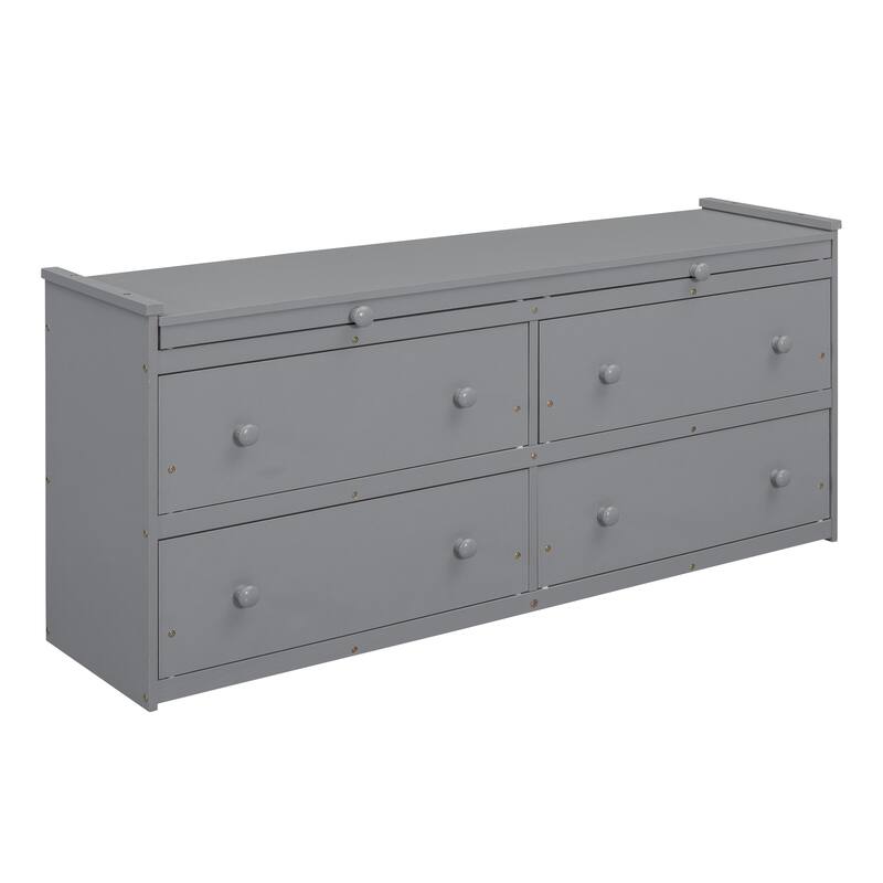 Gray Full Size Solid Wood Loft Bed with Retractable Writing Desk and 4 Drawers, Lateral Portable Desk and Shelves
