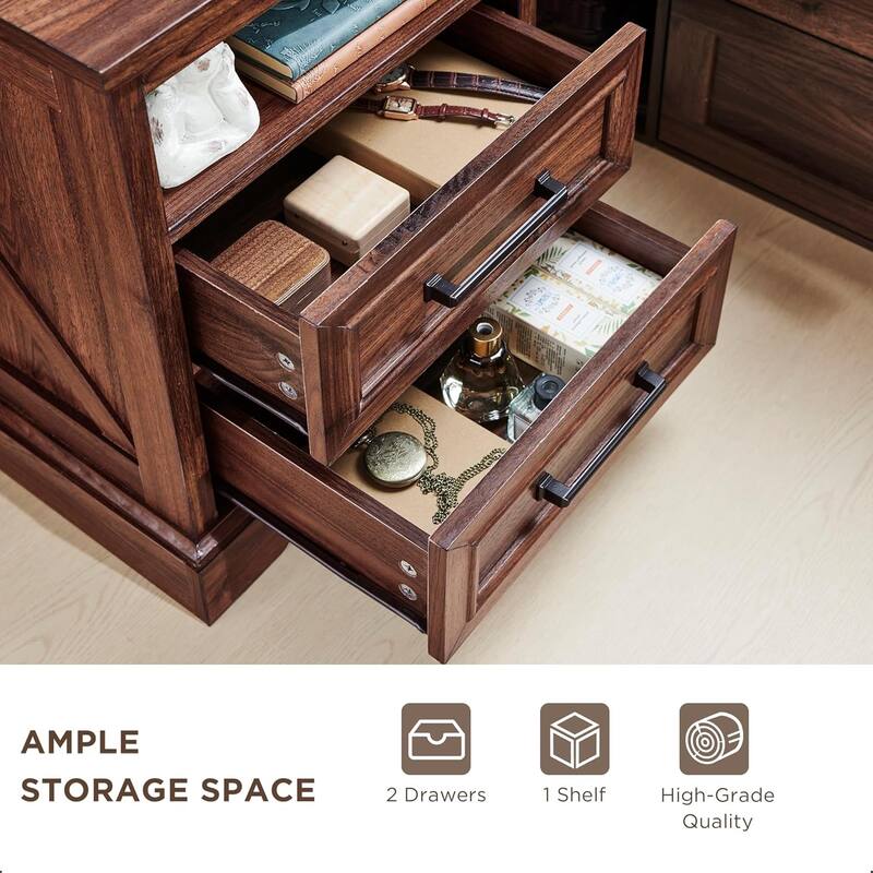 Farmhouse Nightstand with Charging Station, End Table with 2 Drawers