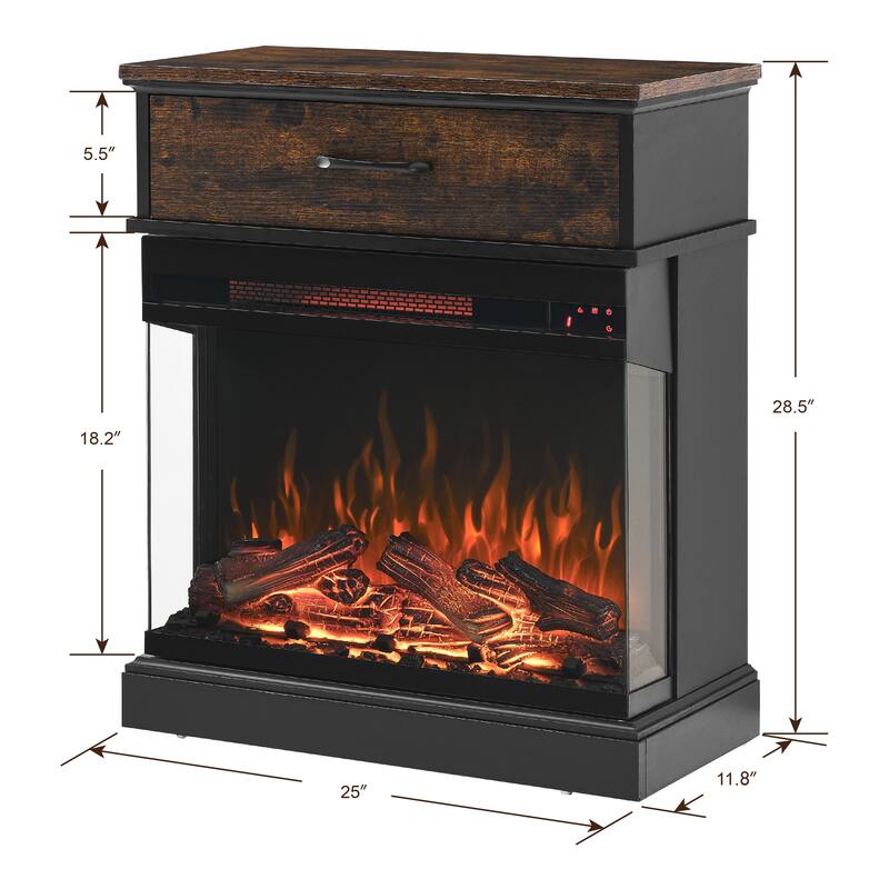 25-Inch Tall End Table with 3-Sided Electric Fireplace, 5000 BTU Heat, Remote Control, and Adjustable Flame Settings