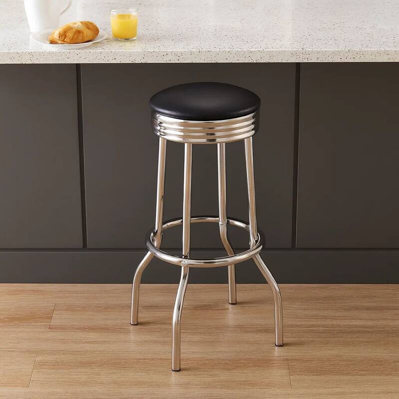 30 Inch Round Bar Stool, Set of 2, Ribbed Apron Base, Chrome, Black