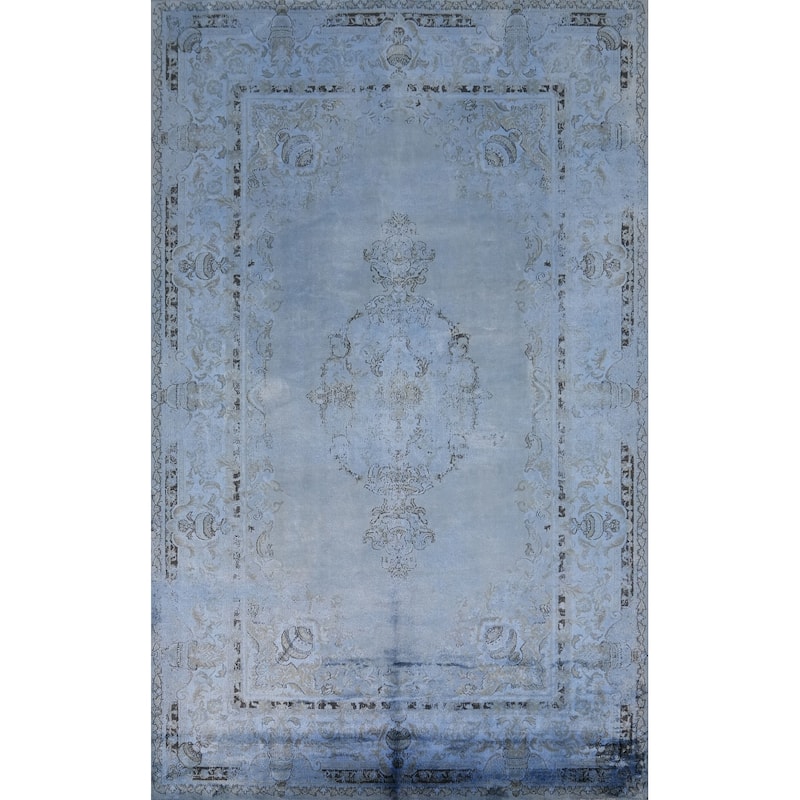 Machine Made Oriental Polyester Carpet Traditional Medallion Navy Blue & Blues Tabriz Area Rug - 7' 5'' X 5' 2''