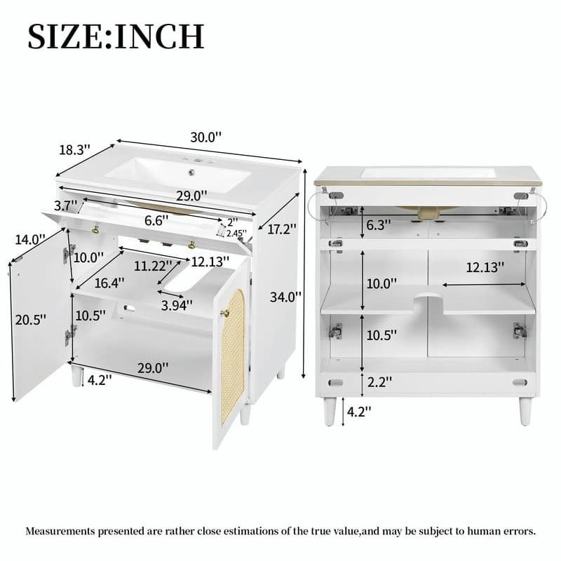 30" Bathroom Vanity with Ceramic Sink, Solid Wood Cabinet, Adjustable Shelf, Tip-Drawer & Rattan Panels