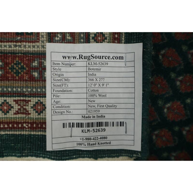 Hand Knotted Oriental 100% Wool Carpet Traditional All-Over Green Botemir Area Rug - 12' 0'' X 9' 1''