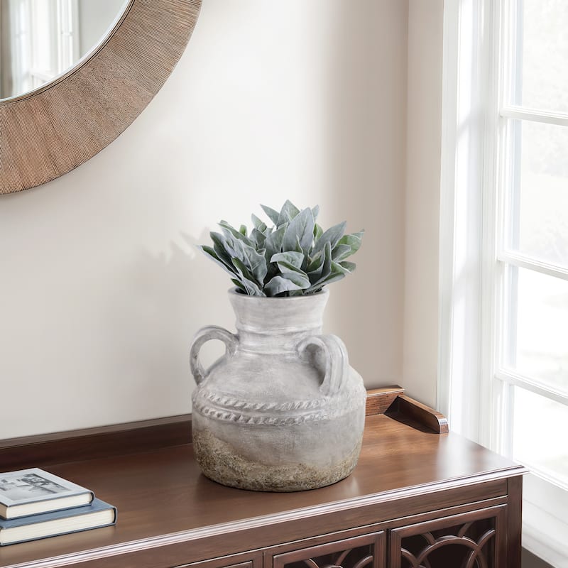 Terracotta Vase Rustic Textured Design Double Handles for Modern Space - Ivory/ Tan - 12.75" x 12.25" x 12.25"