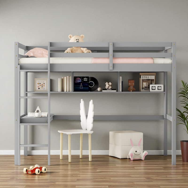Twin Size Loft Bed with Desk and Shelves, Solid Pine Wood Frame with Guardrails and Built-in Ladder - Grey - Twin