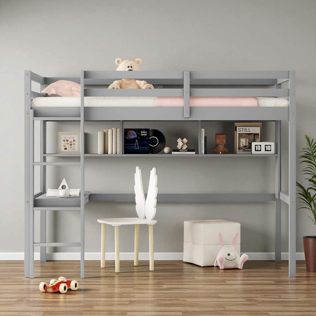 Twin Size Loft Bed with Desk and Shelves, Solid Pine Wood Frame with Guardrails and Built-in Ladder