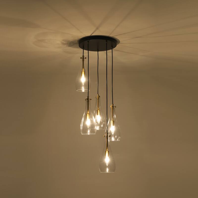 5-Light Modern Black Cluster Raindrop Clear Glass Chandelier for Kitchen Island, Staircase, Hallwya