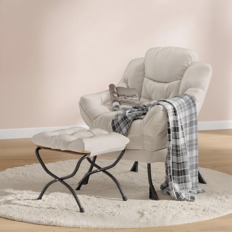 Lazy Chair and Ottoman, with Side Pocket and Arm - Beige