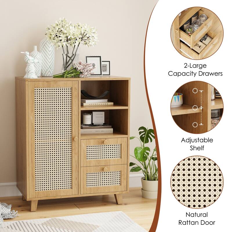 Rattan Buffet Cabinet with Adjustable Shelf, Sideboard with Drawers for Living Room, Kitchen, Entryway