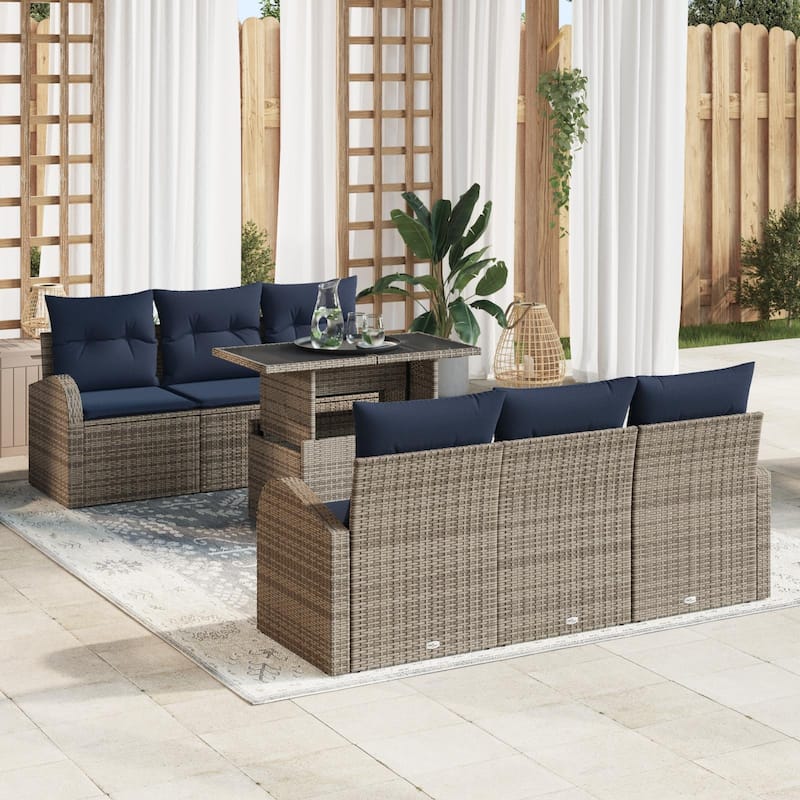 vidaXL 7 Garden Sofa Set with Cushions Black/Brown/Grey Poly Rattan - 70.5 x 24.4 x 27.2 - Grey