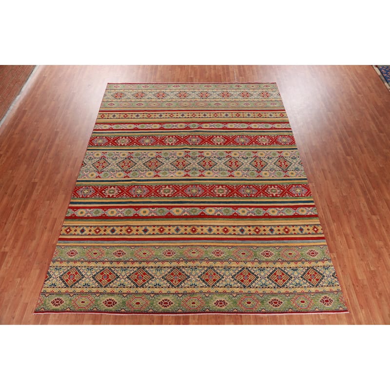 Hand Knotted Oriental 100% Wool Carpet Traditional Geometric Multi-Colored Kazak Area Rug - 12' 11'' X 9' 10''