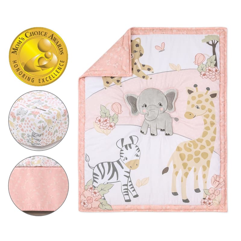 The Peanutshell Pink and Grey Wildest Dreams Crib Bedding Set for Baby Girls, 3 Piece Nursery Set