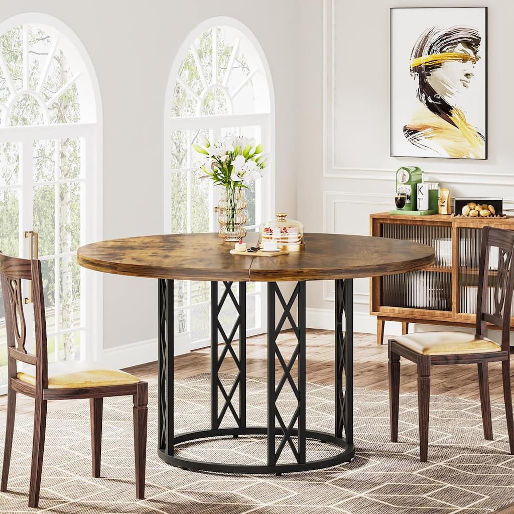 47" Modern Round Dining Table for 4-6, Rustic Industrial Kitchen Table