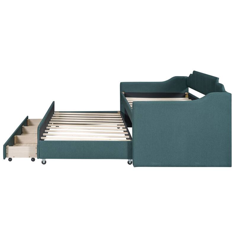 Twin Size Upholstered Daybed with Trundle & Three Drawers, Linen Day Bed Frame w/Armrest, Solid Wood Slats Support for Bedroom