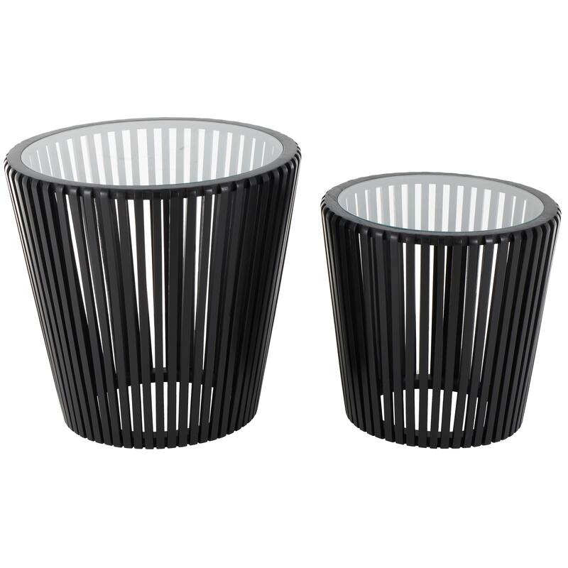 Black Wood Cage Inspired Side End Accent Table with Clear Glass Tabletop (Set of 2)