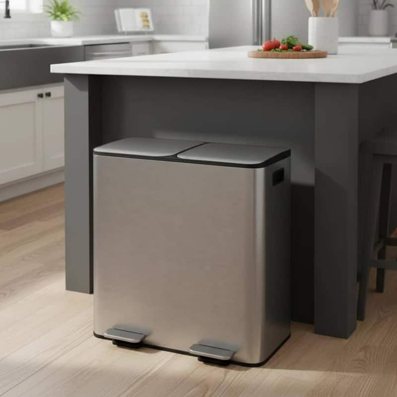 2 x 10.6 Gal Double Trash Can, Stainless Steel Dual Compartment Step-On Trash Can for Kitchen