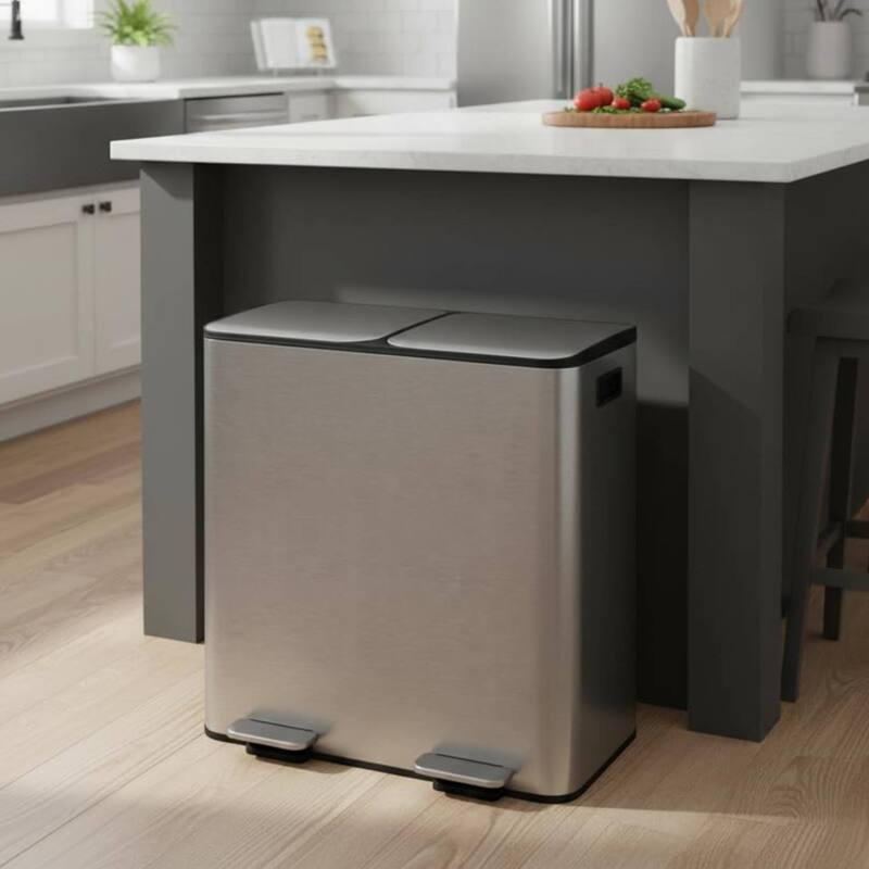 2 x 8 Gal Double Trash Can, Stainless Steel Dual Compartment Step-On Trash Can for Kitchen