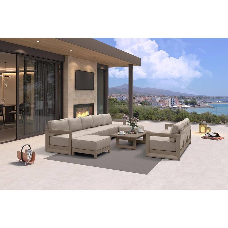 PURPLE LEAF Caesar Khaki Outdoor Couch with 9.6" Thick Cushion and Table for Yard Porch Deck Outdoor Patio Conversation Sets - 8 Seats+2 Ottomans+1 Table - Enclosed